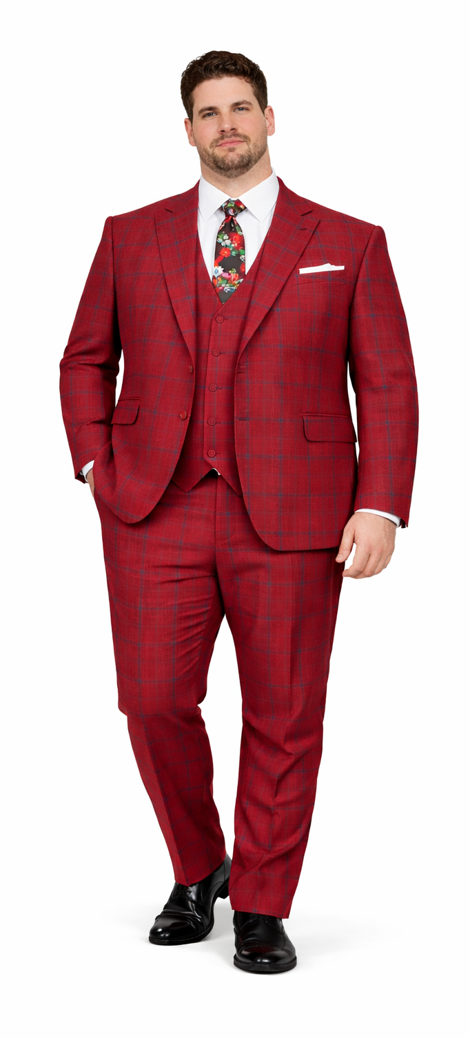Rossiman Suit – Red & Blue Plaid Windowpane Double-Breasted Suit for Men