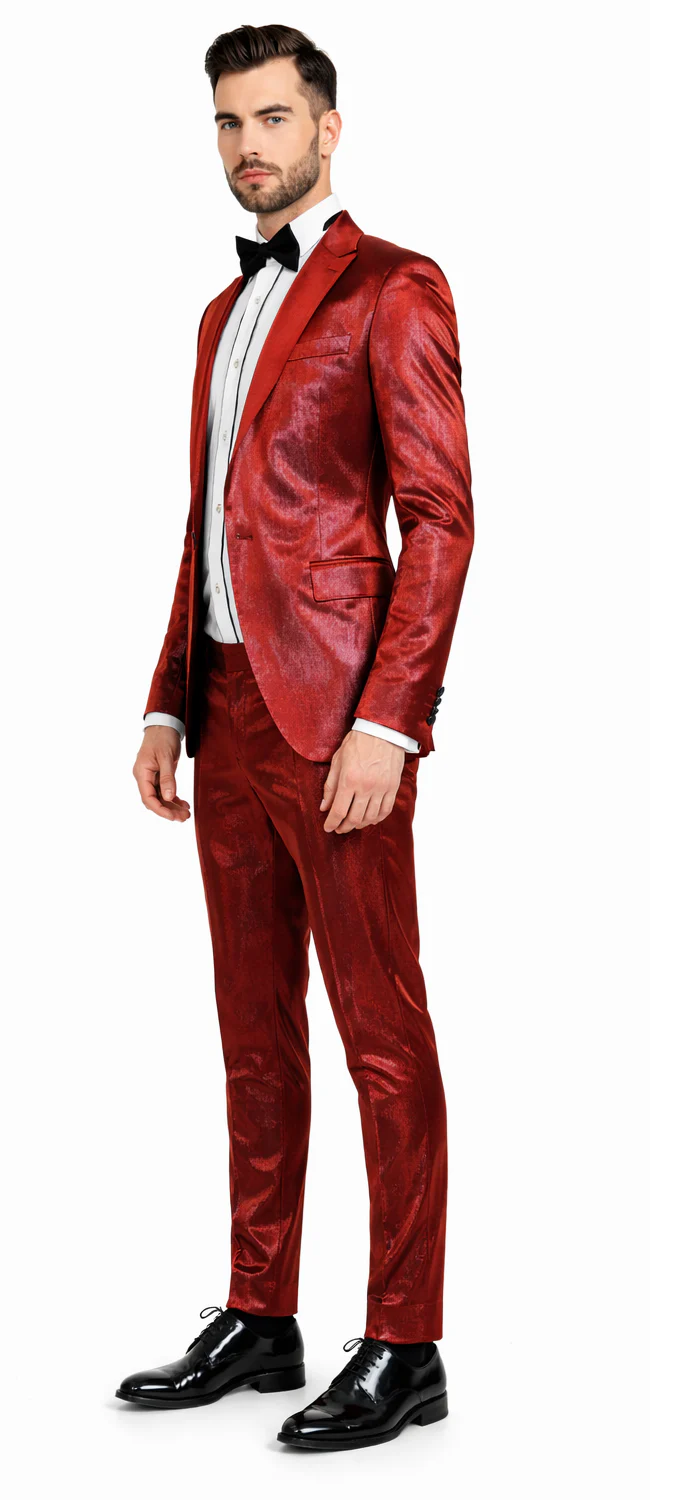 Rossiman Men’s Red Sateen Suit – Glossy Finish Bold Formalwear
