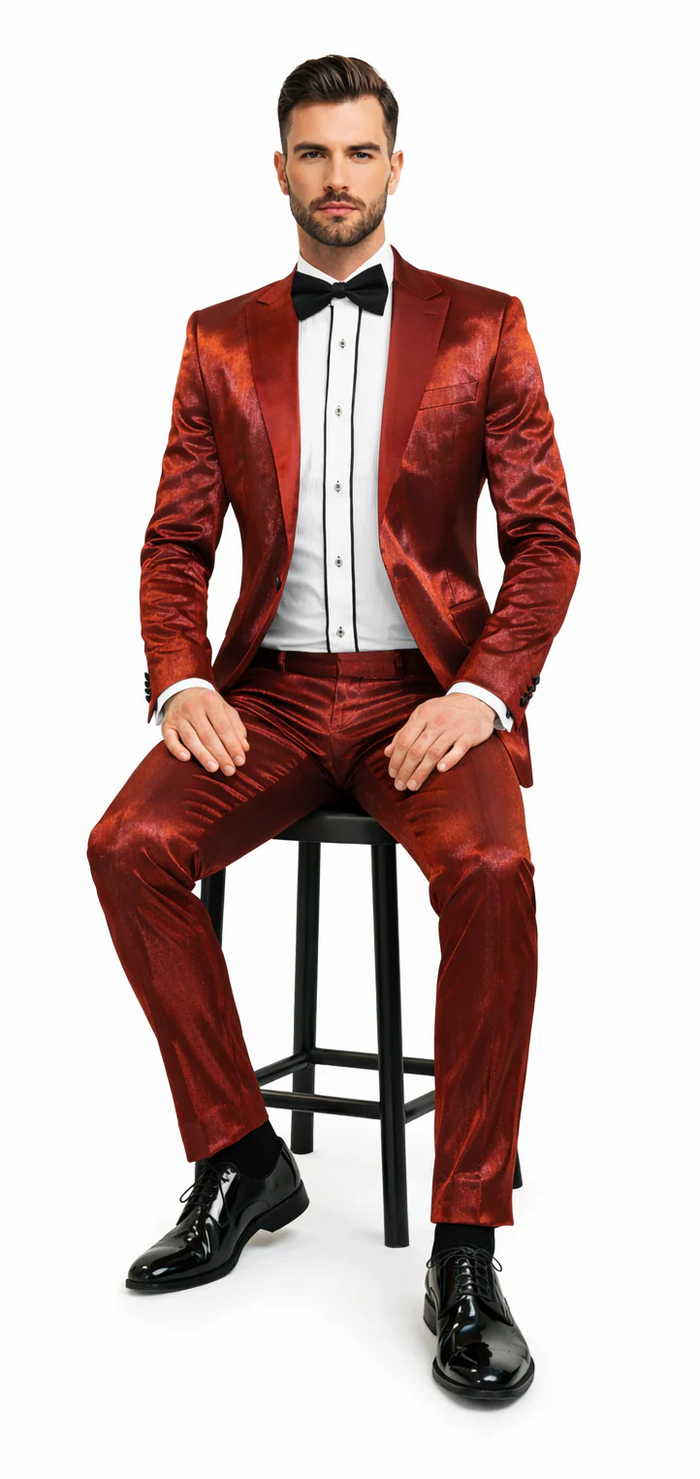 Rossiman Men’s Red Sateen Suit – Glossy Finish Bold Formalwear
