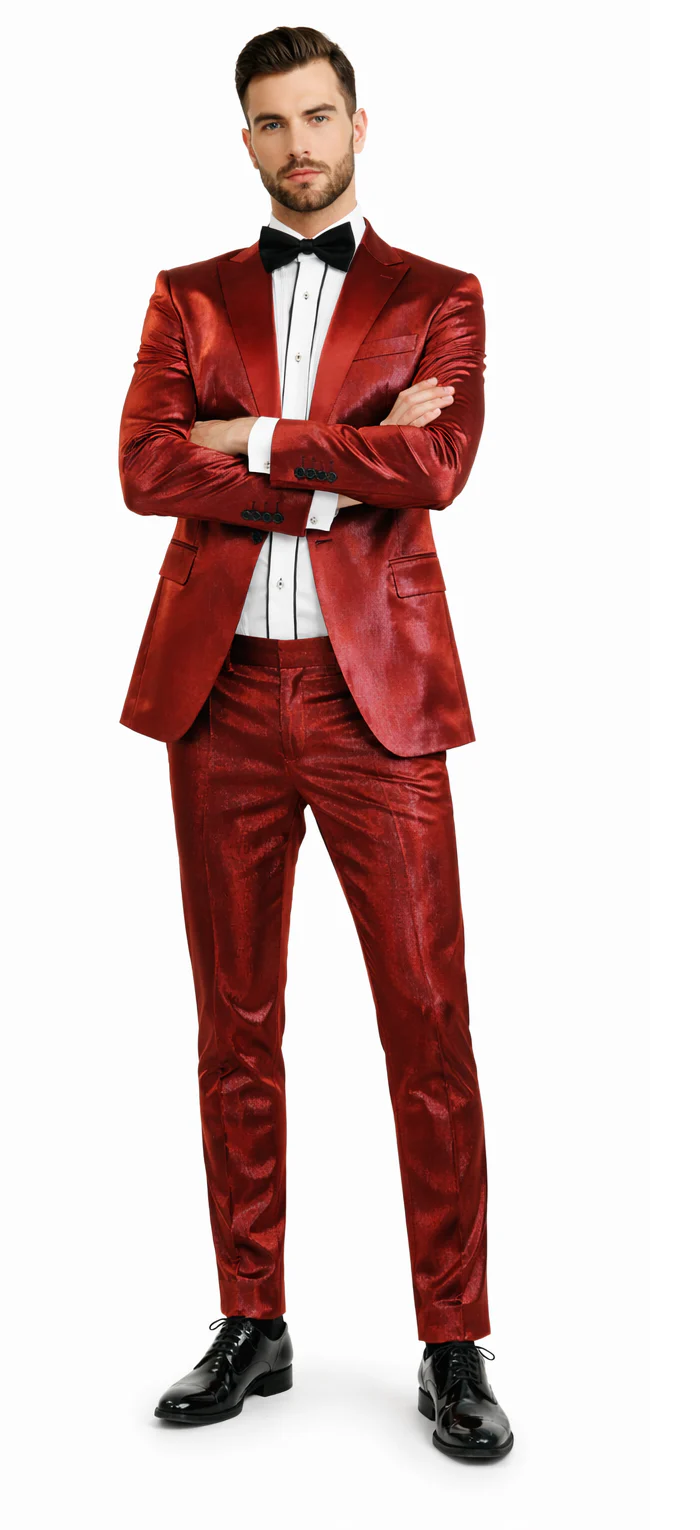 Rossiman Men’s Red Sateen Suit – Glossy Finish Bold Formalwear