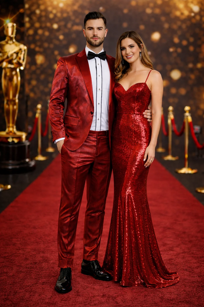 Rossiman Men’s Red Sateen Suit – Glossy Finish Bold Formalwear