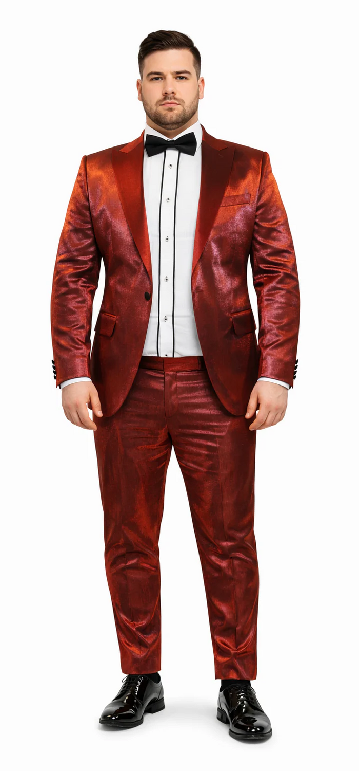 Rossiman Men’s Red Sateen Suit – Glossy Finish Bold Formalwear