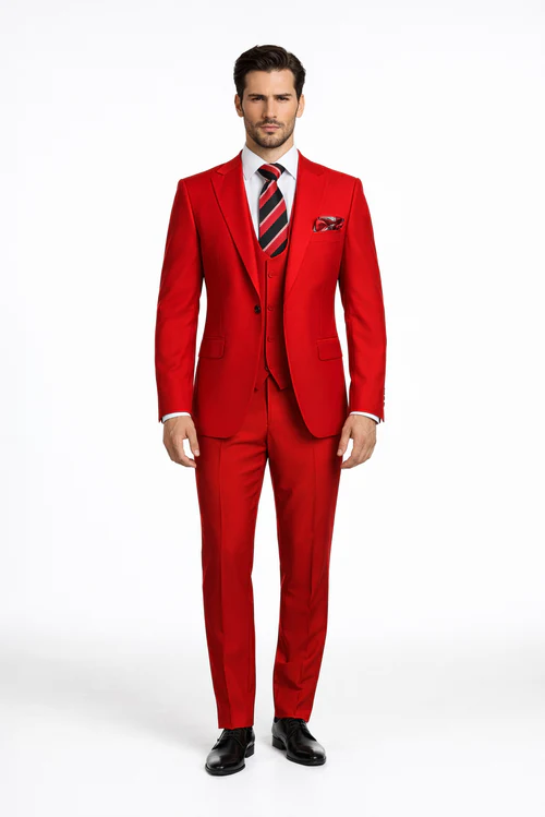 Rossiman Men’s Red Slim Fit Suit – Stylish Double-Breasted Jacket