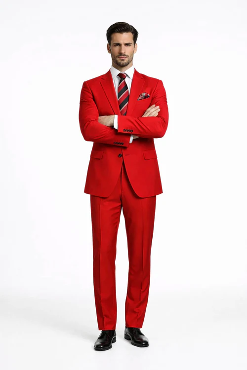 Rossiman Men’s Red Slim Fit Suit – Stylish Double-Breasted Jacket
