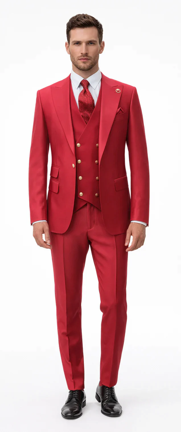 Rossiman Brand Red Suits - 1 Button Suit Peak Lapel Double Breasted Vest