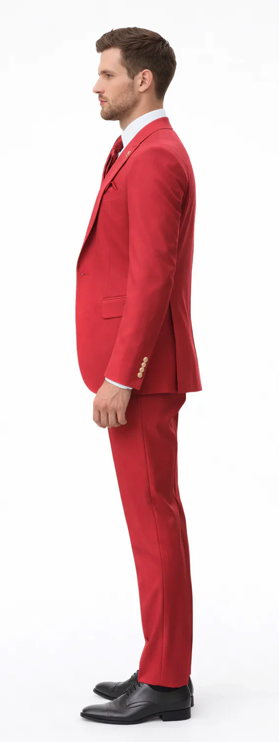 Rossiman Men's Red Suit – Stylish 1-Button Peak Lapel Jacket & Double-Breasted Vest