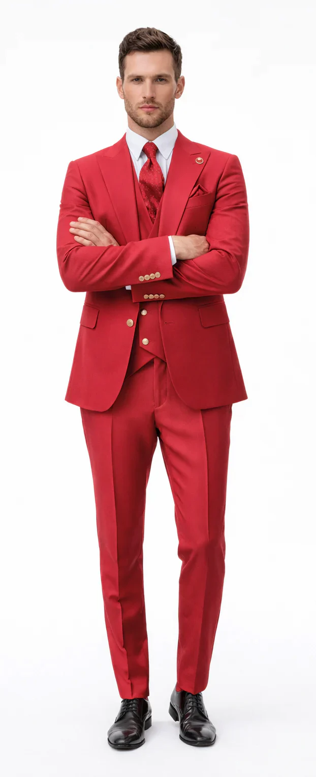 Rossiman Brand Red Suits - 1 Button Suit Peak Lapel Double Breasted Vest