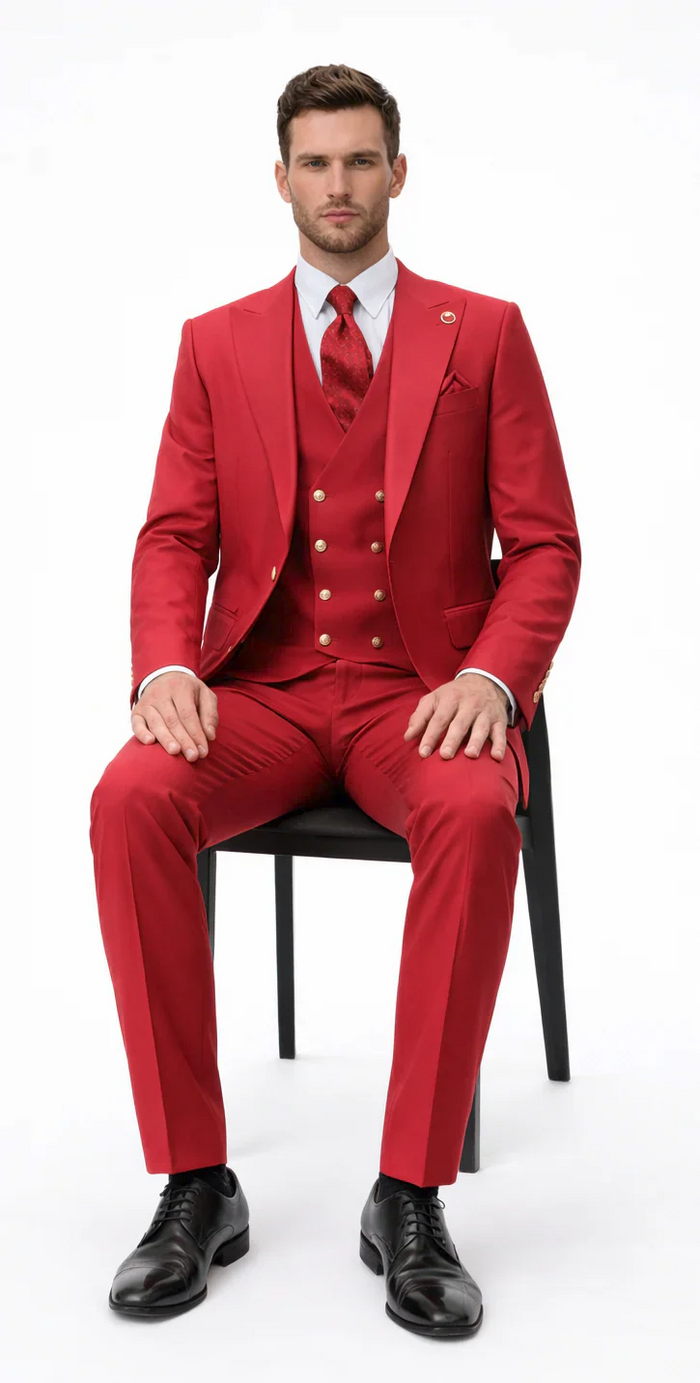 Rossiman Brand Red Suits - 1 Button Suit Peak Lapel Double Breasted Vest
