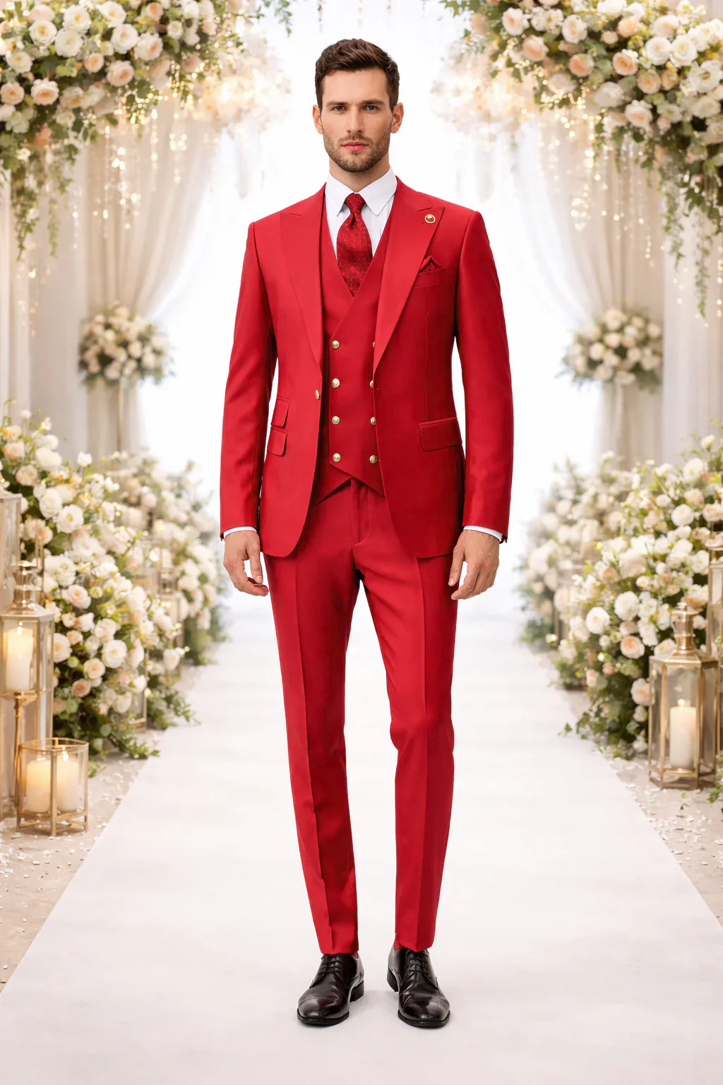 Rossiman Men's Red Suit – Stylish 1-Button Peak Lapel Jacket & Double-Breasted Vest