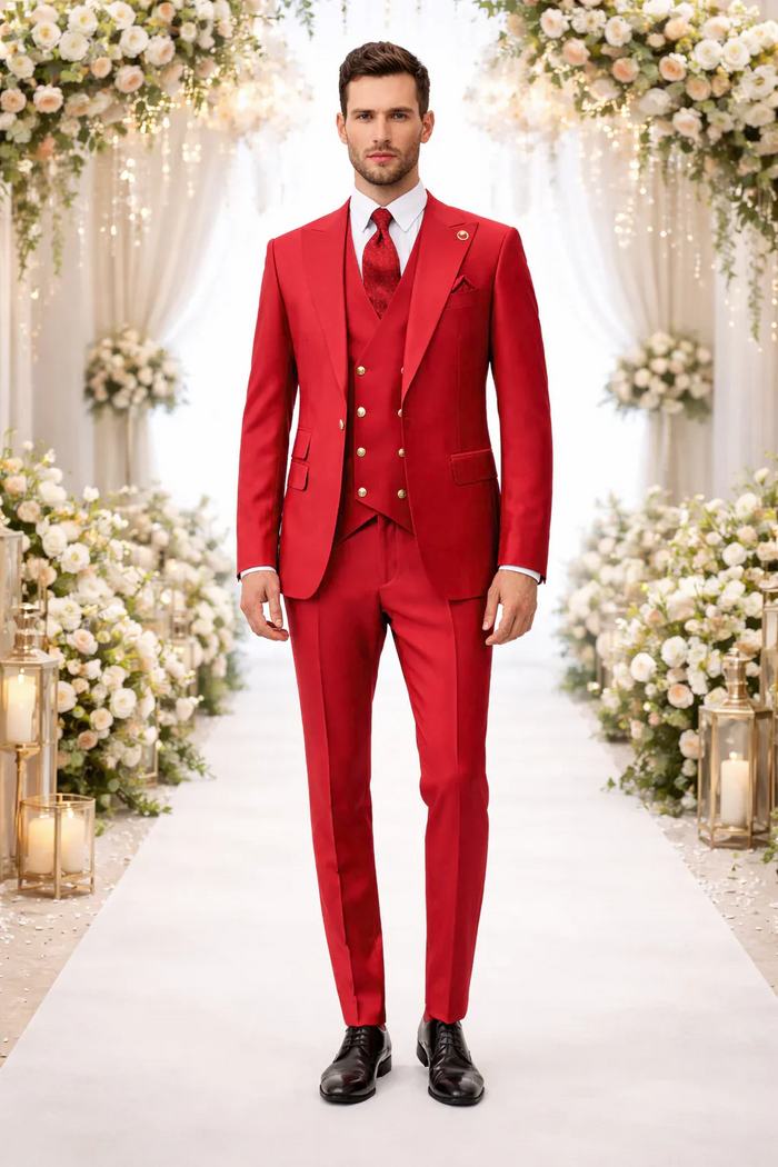 Rossiman Brand Red Suits - 1 Button Suit Peak Lapel Double Breasted Vest