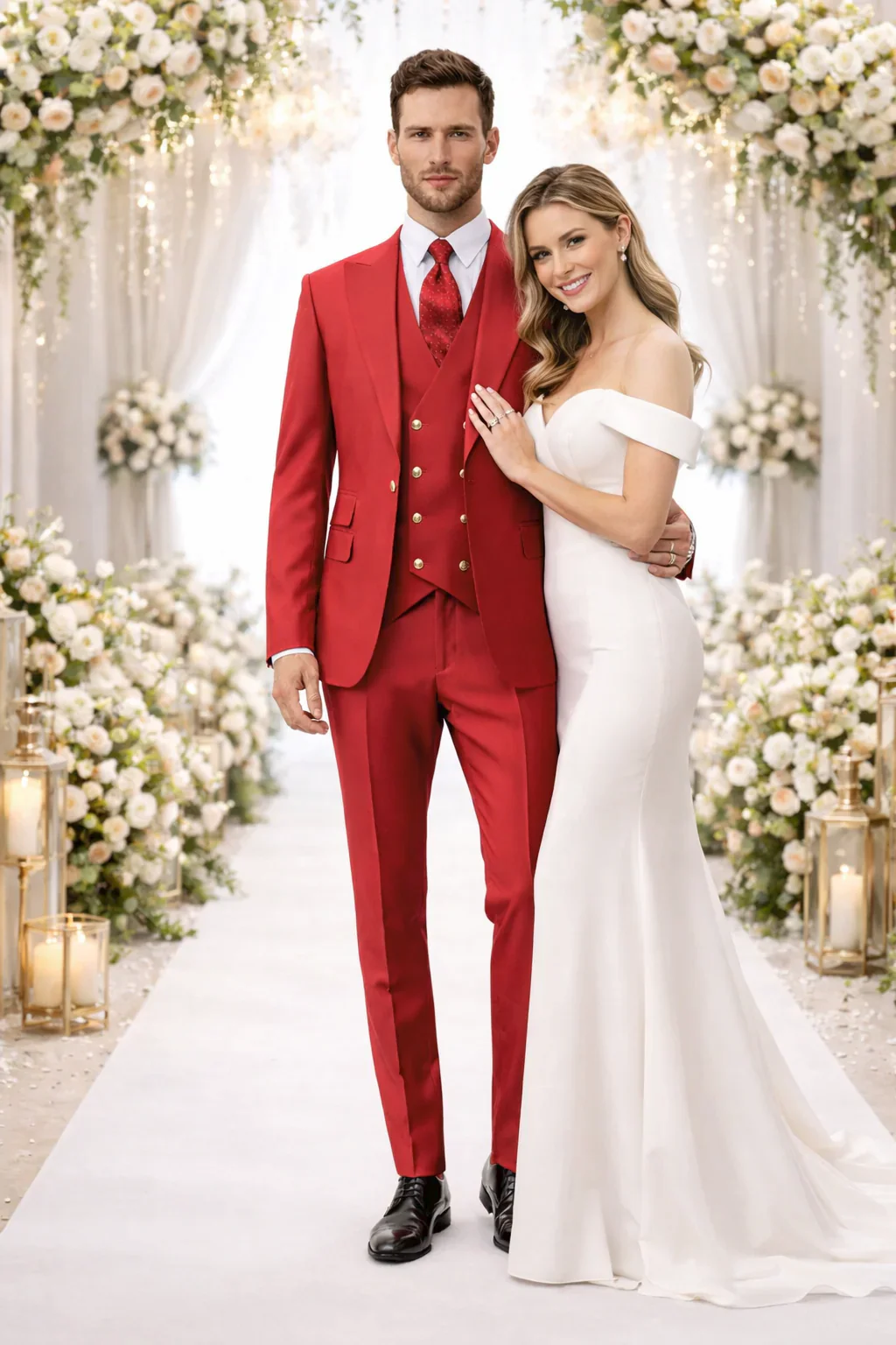Rossiman Men's Red Suit – Stylish 1-Button Peak Lapel Jacket & Double-Breasted Vest