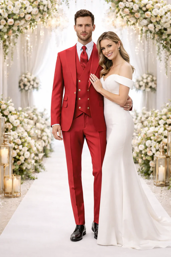 Rossiman Brand Red Suits - 1 Button Suit Peak Lapel Double Breasted Vest
