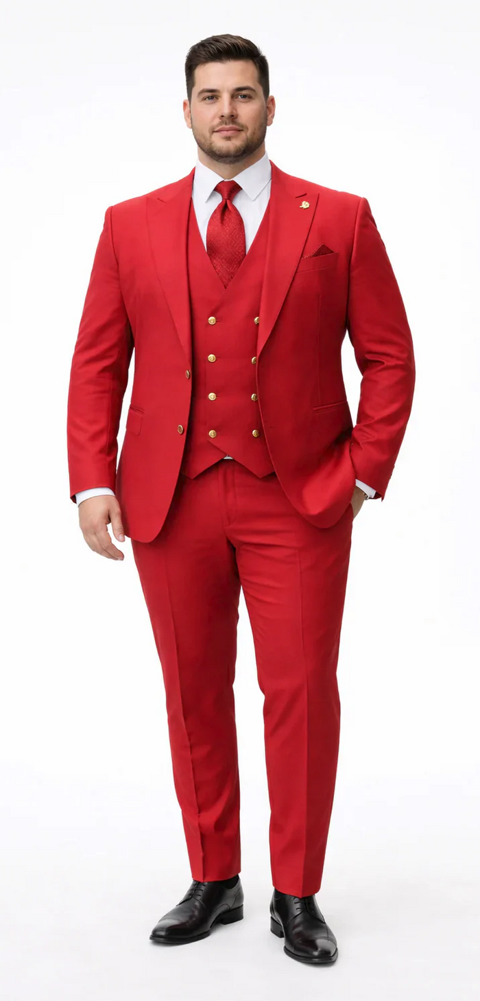Rossiman Brand Red Suits - 1 Button Suit Peak Lapel Double Breasted Vest