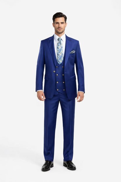 Rossiman Men’s Royal Blue Slim Fit Suit – Sophisticated Double-Breasted Design