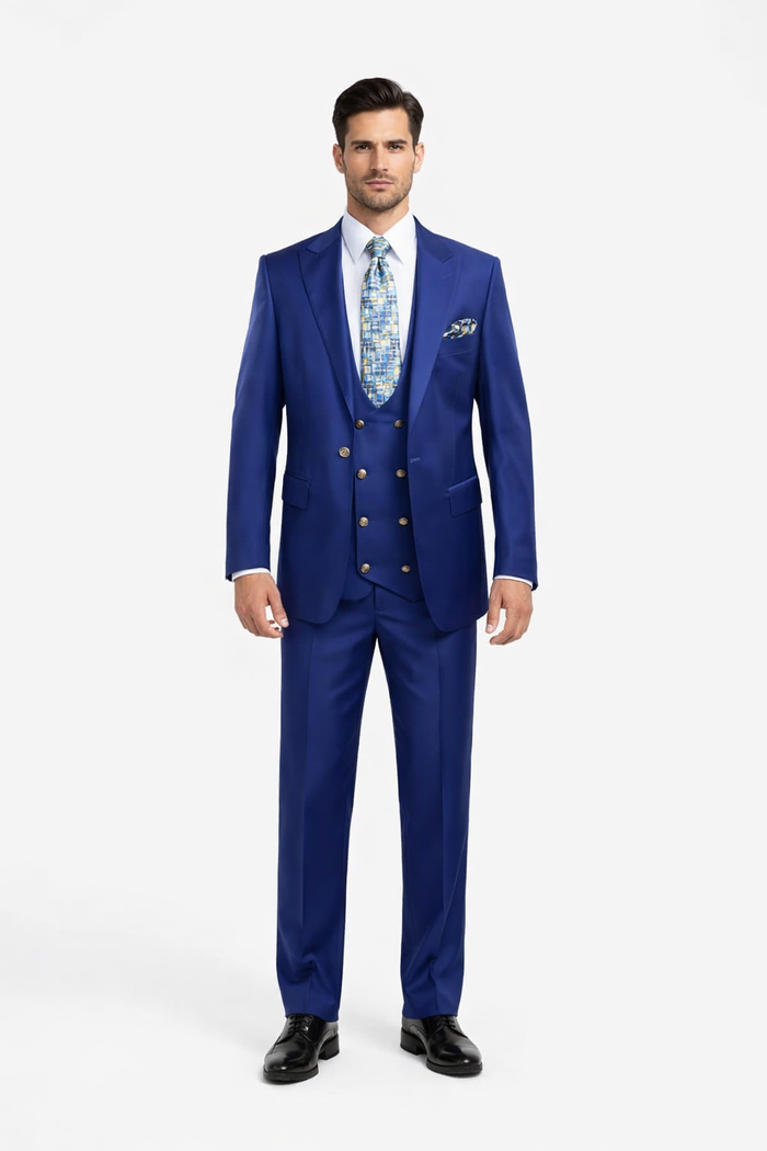 Rossiman Men’s Royal Blue Slim Fit Suit – Sophisticated Double-Breasted Design