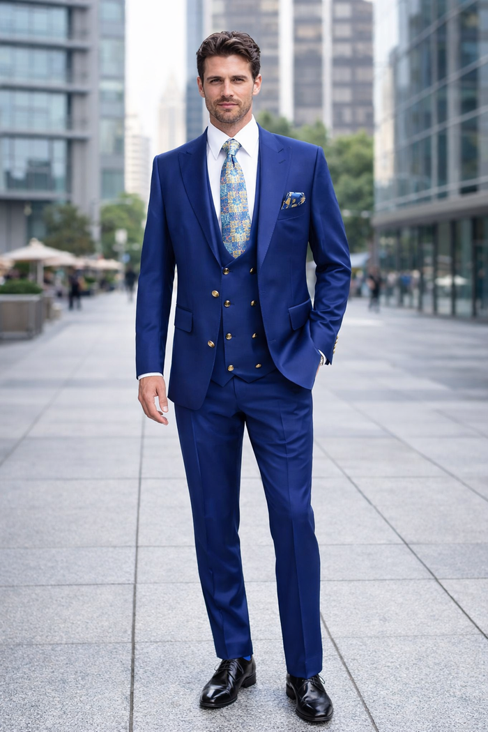 Rossiman Men’s Royal Blue Slim Fit Suit – Sophisticated Double-Breasted Design