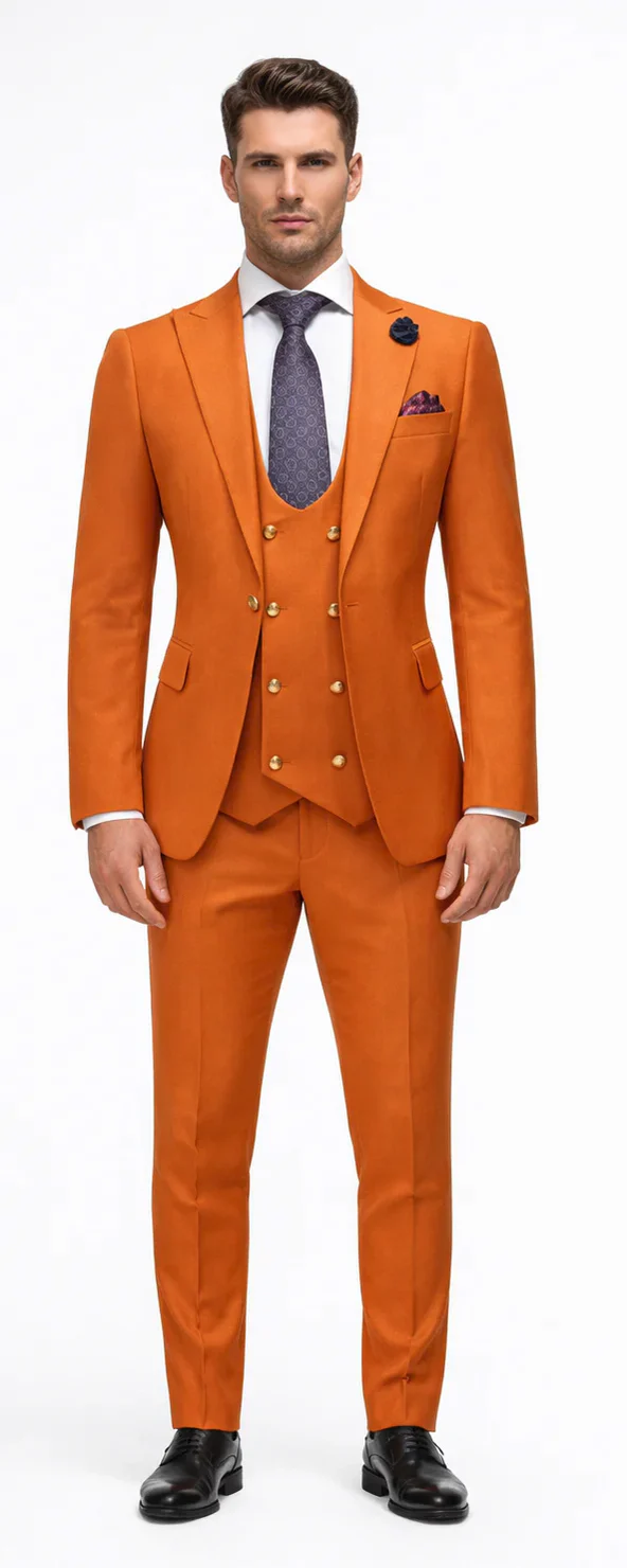 Rossiman Rust Men's Slim Fit Suit Double Breast Vest Flat Front Pants