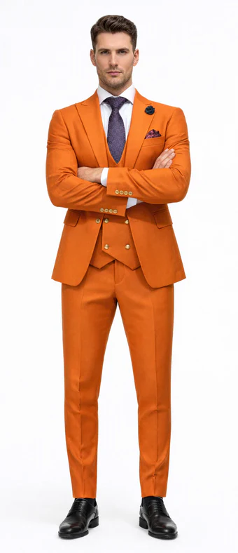 Rossiman Men's Rust Slim Fit Suit – 3-Piece Set with Double-Breasted Vest & Flat Front Pants