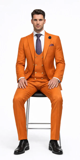 Rossiman Men's Rust Slim Fit Suit – 3-Piece Set with Double-Breasted Vest & Flat Front Pants