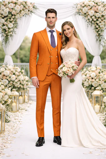 Rossiman Men's Rust Slim Fit Suit – 3-Piece Set with Double-Breasted Vest & Flat Front Pants