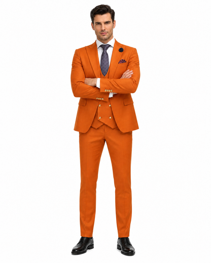 Rossiman Men's Rust Slim Fit Suit – 3-Piece Set with Double-Breasted Vest & Flat Front Pants