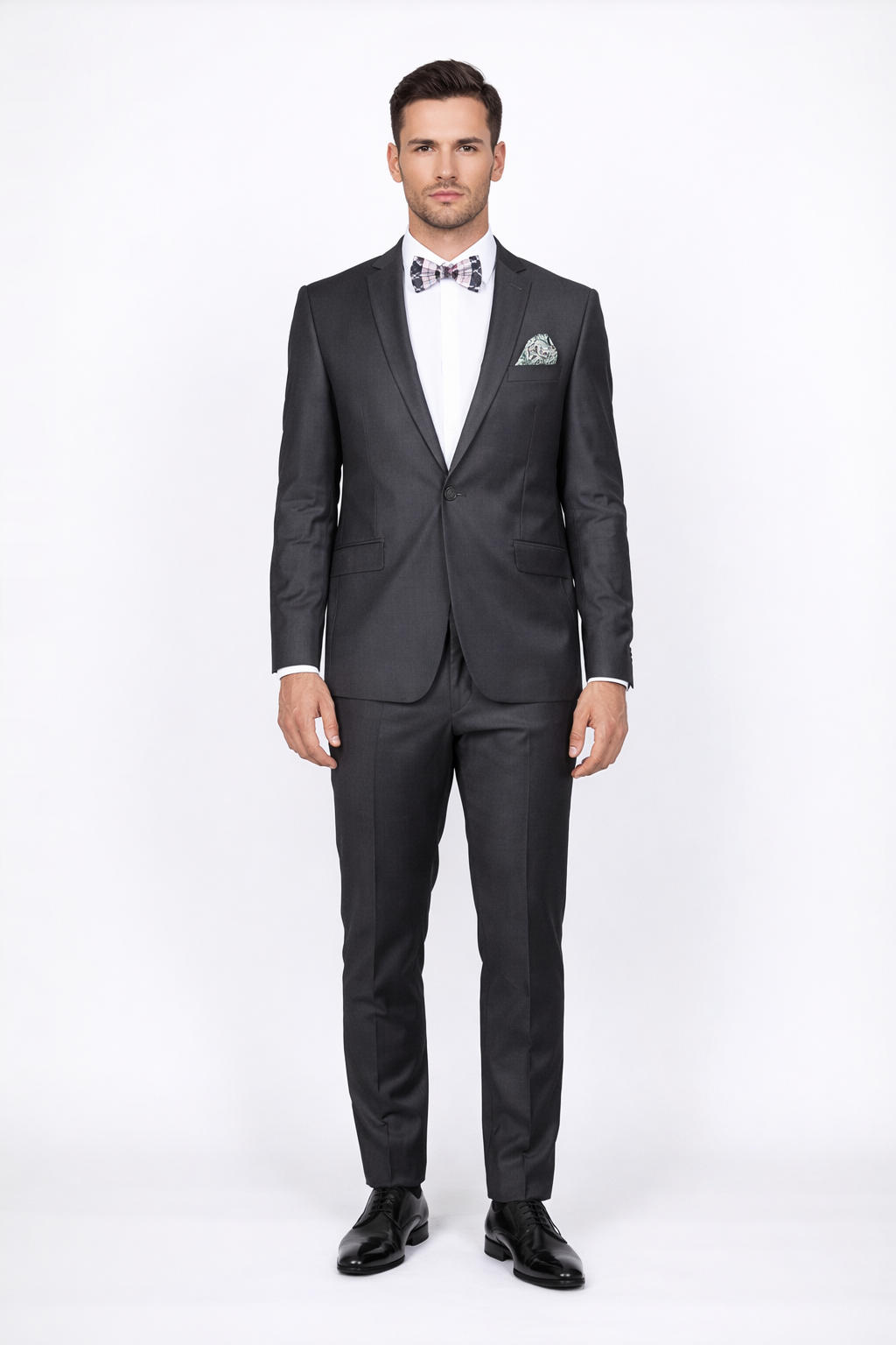 Men's Rossiman Rossi Man Brand Gray Tapered Leg Lower Rise Pants & Get Skinny 100% Wool 1 Button Slim Fit Peak Lapel Suit