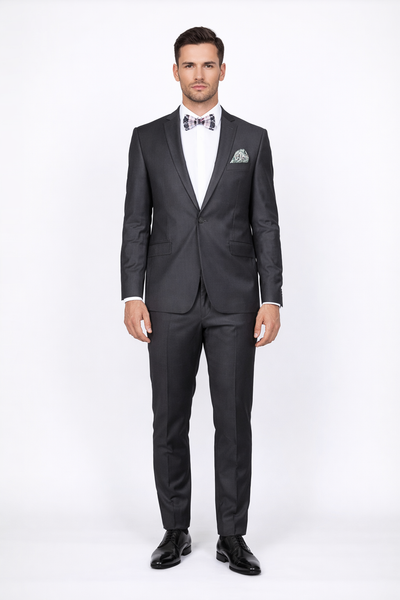 Men's Rossiman Rossi Man Brand Gray Tapered Leg Lower Rise Pants & Get Skinny 100% Wool 1 Button Slim Fit Peak Lapel Suit
