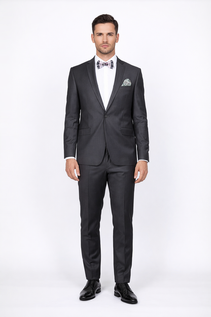 Men's Rossiman Rossi Man Brand Gray Tapered Leg Lower Rise Pants & Get Skinny 100% Wool 1 Button Slim Fit Peak Lapel Suit