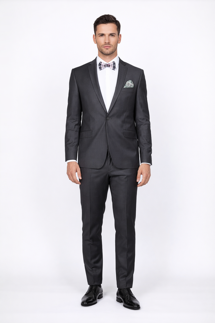 Men's Rossiman Rossi Man Brand Gray Tapered Leg Lower Rise Pants & Get Skinny 100% Wool 1 Button Slim Fit Peak Lapel Suit