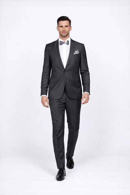 Men's Rossiman Rossi Man Brand Gray Tapered Leg Lower Rise Pants & Get Skinny 100% Wool 1 Button Slim Fit Peak Lapel Suit