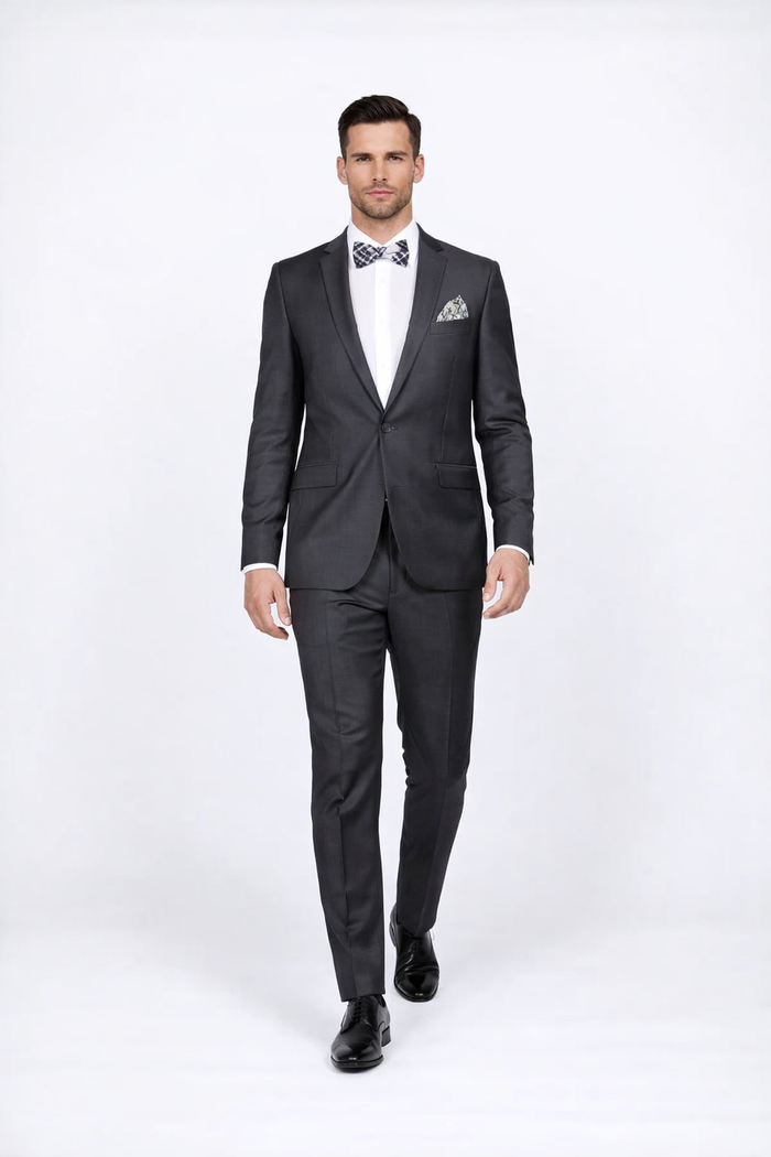 Men's Rossiman Rossi Man Brand Gray Tapered Leg Lower Rise Pants & Get Skinny 100% Wool 1 Button Slim Fit Peak Lapel Suit