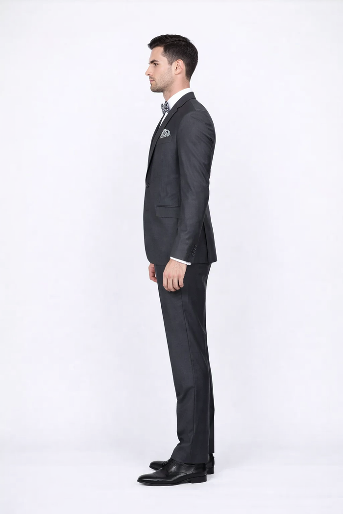 Men's Rossiman Rossi Man Brand Gray Tapered Leg Lower Rise Pants & Get Skinny 100% Wool 1 Button Slim Fit Peak Lapel Suit