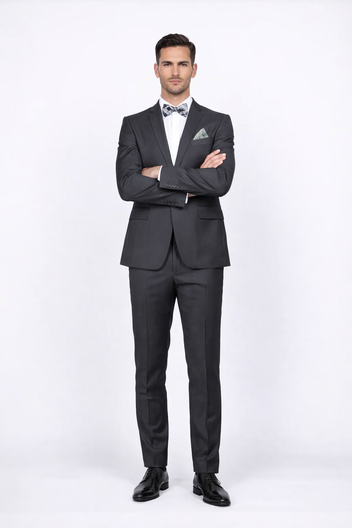 Men's Rossiman Rossi Man Brand Gray Tapered Leg Lower Rise Pants & Get Skinny 100% Wool 1 Button Slim Fit Peak Lapel Suit