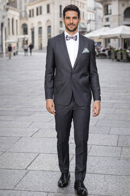 Men's Rossiman Rossi Man Brand Gray Tapered Leg Lower Rise Pants & Get Skinny 100% Wool 1 Button Slim Fit Peak Lapel Suit