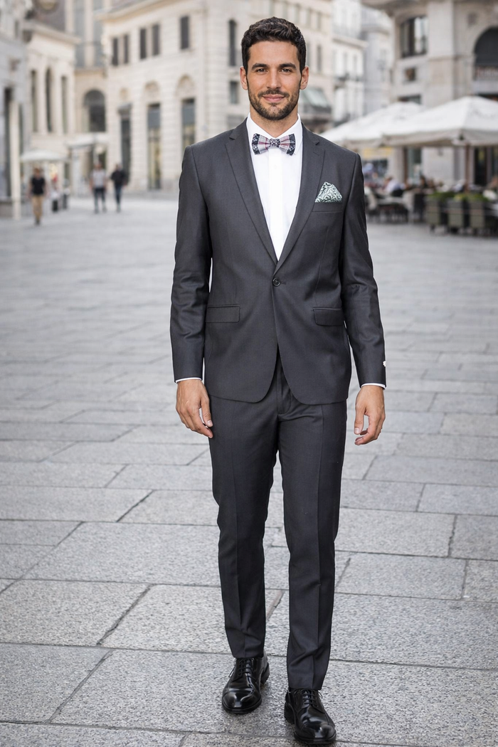 Men's Rossiman Rossi Man Brand Gray Tapered Leg Lower Rise Pants & Get Skinny 100% Wool 1 Button Slim Fit Peak Lapel Suit
