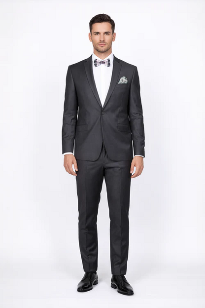 Rossiman Men's Slim Fit Gray Wool Suit – 1-Button Peak Lapel Jacket & Tapered Low-Rise Pants