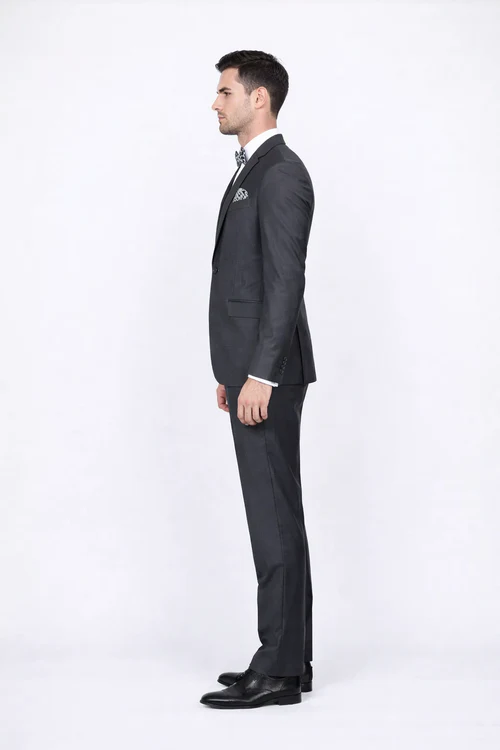 Rossiman Men's Slim Fit Gray Wool Suit – 1-Button Peak Lapel Jacket & Tapered Low-Rise Pants