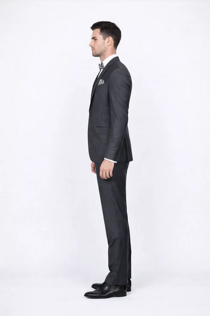 Rossiman Men's Slim Fit Gray Wool Suit – 1-Button Peak Lapel Jacket & Tapered Low-Rise Pants