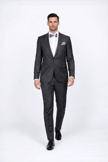 Rossiman Men's Slim Fit Gray Wool Suit – 1-Button Peak Lapel Jacket & Tapered Low-Rise Pants