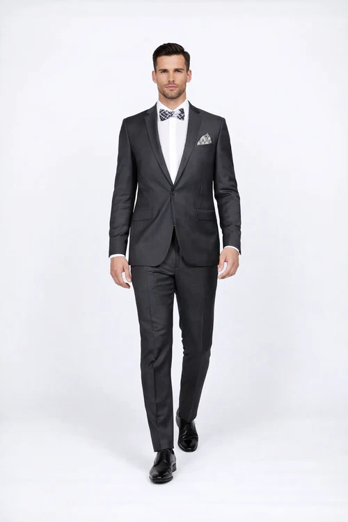 Rossiman Men's Slim Fit Gray Wool Suit – 1-Button Peak Lapel Jacket & Tapered Low-Rise Pants