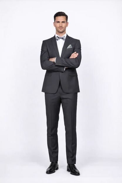 Rossiman Men's Slim Fit Gray Wool Suit – 1-Button Peak Lapel Jacket & Tapered Low-Rise Pants