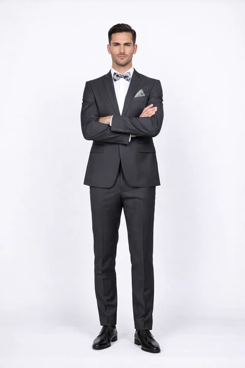 Rossiman Men's Slim Fit Gray Wool Suit – 1-Button Peak Lapel Jacket & Tapered Low-Rise Pants