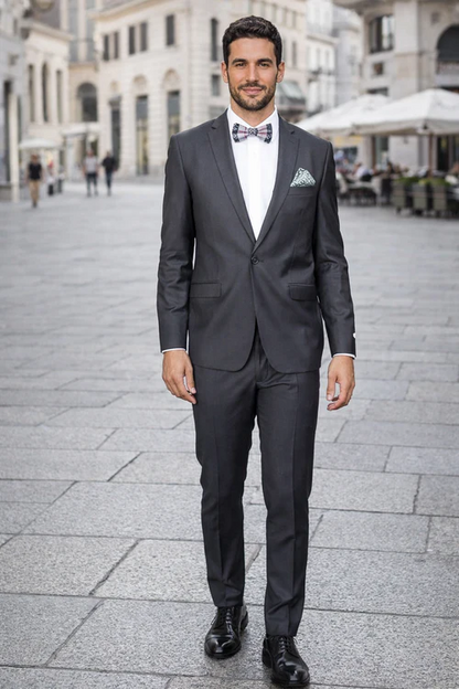 Rossiman Men's Slim Fit Gray Wool Suit – 1-Button Peak Lapel Jacket & Tapered Low-Rise Pants
