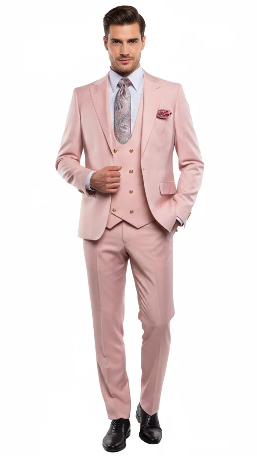 Rossiman Pink Men's Slim Fit Suit Double Brest Vest Flat Front Pants