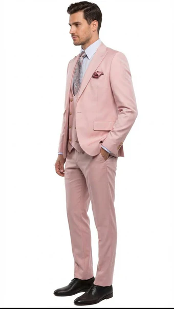 Rossiman Men's Slim Fit Pink Suit – Elegant Double-Breasted Vest & Tailored Flat Front Pants