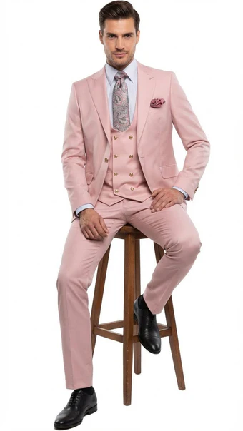 Rossiman Men's Slim Fit Pink Suit – Elegant Double-Breasted Vest & Tailored Flat Front Pants