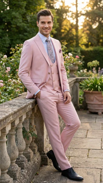 Rossiman Men's Slim Fit Pink Suit – Elegant Double-Breasted Vest & Tailored Flat Front Pants