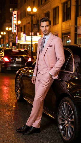 Rossiman Pink Men's Slim Fit Suit Double Brest Vest Flat Front Pants