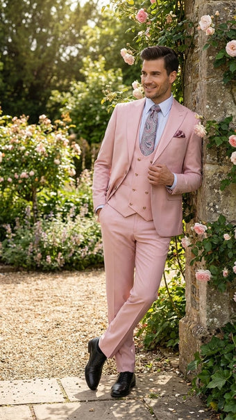 Rossiman Men's Slim Fit Pink Suit – Elegant Double-Breasted Vest & Tailored Flat Front Pants