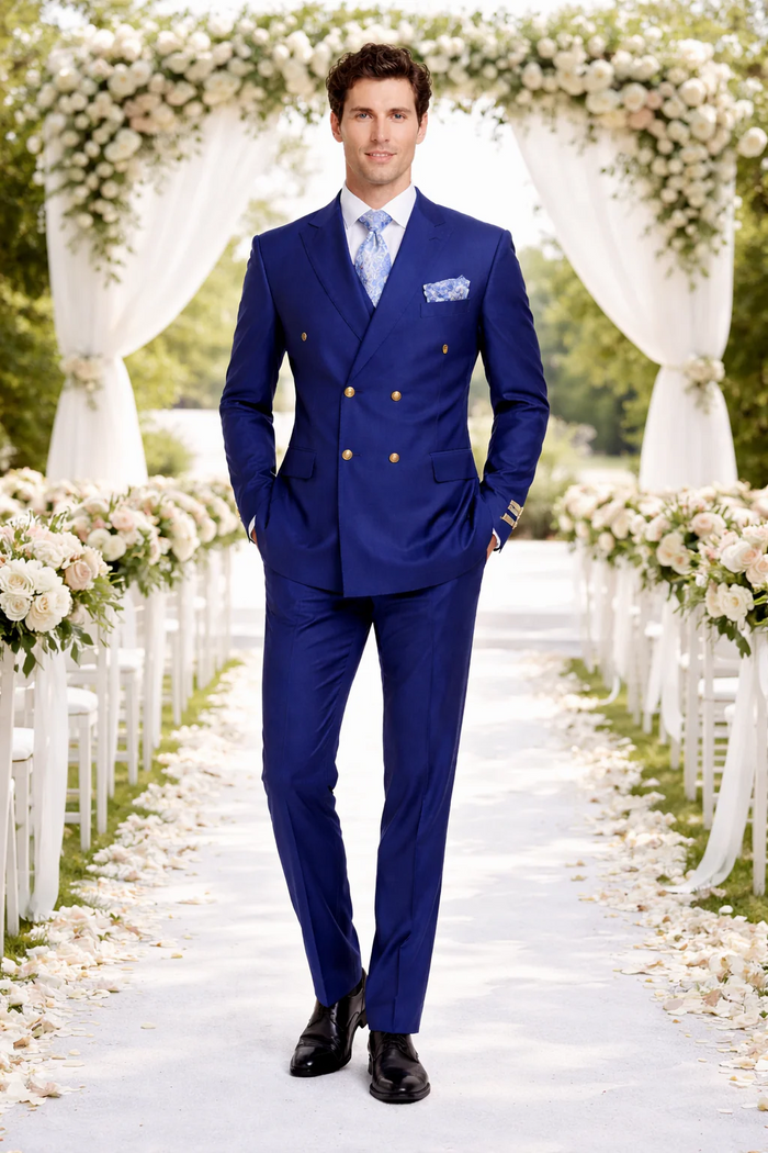 Rossiman Men's Slim Fit Royal Blue Suit – Double-Breasted Elegance